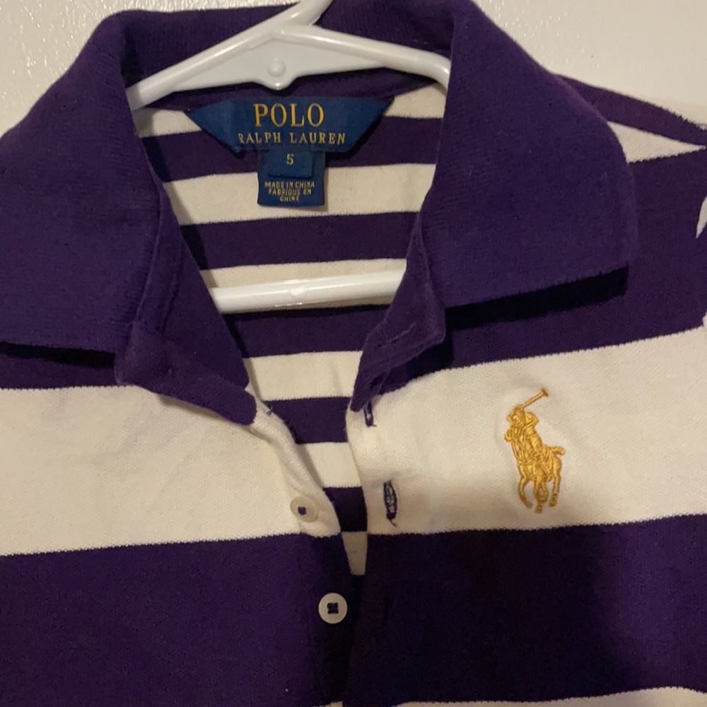 Ralph Lauren girls polo. Purple and off white. Size 5.
